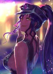 Rule 34 | 1girl, absurdres, bare shoulders, blurry, blurry background, breasts, fate/grand order, fate (series), fingerless gloves, gloves, hand up, hat, high ponytail, highres, licking lips, long hair, looking to the side, medium breasts, multicolored hair, peaked cap, peperon (peperou), ponytail, purple hair, sessyoin kiara, sessyoin kiara (swimsuit mooncancer), sessyoin kiara (swimsuit mooncancer) (second ascension), sideboob, sidelocks, signature, solo, streaked hair, tongue, tongue out, upper body, wavy hair, yellow eyes