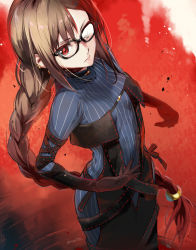 Rule 34 | 1girl, black dress, braid, breasts, brown hair, center opening, dress, eretto, fate/grand order, fate (series), glasses, long hair, looking at viewer, red eyes, single braid, solo, sweater, very long hair, yu mei-ren (fate), yu mei-ren (first ascension) (fate)