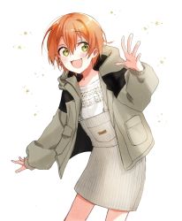 Rule 34 | 1girl, artist name, artist request, bare legs, blush, breasts, coat, collarbone, cowboy shot, female focus, green eyes, grey coat, hair between eyes, hand wave, highres, hood, hood down, hoshizora rin, looking at viewer, love live!, love live! school idol project, naarann, open clothes, open coat, orange hair, pants, parted lips, shirt, short hair, small breasts, smile, solo, striped clothes, striped pants, vertical-striped clothes, vertical-striped pants, white background, white shirt, yellow eyes
