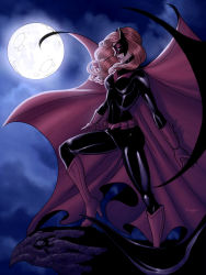 Rule 34 | 1girl, artist request, batwoman, bodysuit, boots, cape, dc comics, full moon, gargoyle, gauntlets, high heel boots, high heels, highres, kate kane, mask, moon, night, red footwear, red hair, shoes, solo, source request, standing, wig