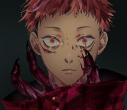 Rule 34 | 1boy, blood, blood on clothes, blood on face, buttons, claws, closed mouth, expressionless, facial mark, itadori yuuji, jujutsu kaisen, looking at viewer, male focus, orange eyes, portrait, red hair, ryoumen sukuna (jujutsu kaisen), shirt, short hair, solo focus, straight-on, tenobe, wide-eyed