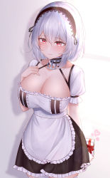 Rule 34 | 1girl, absurdres, apron, azur lane, black headwear, blush, box, breasts, brown dress, cleavage, closed mouth, dress, frilled apron, frilled dress, frills, gift, gift box, hair between eyes, hand on own chest, heart, highres, holding, holding box, jyu-so, large breasts, puffy short sleeves, puffy sleeves, red eyes, short hair, short sleeves, simple background, sirius (azur lane), smile, two-tone dress, valentine, waist apron, white apron, white background, white dress, white hair