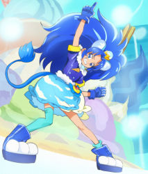 Rule 34 | 10s, 1girl, animal ears, arm up, blue eyes, blue footwear, blue gloves, blue hair, blue skirt, blue theme, blue thighhighs, boots, cat ears, cat tail, clenched hand, clenched teeth, cure gelato, extra ears, food-themed hair ornament, gloves, grin, hair ornament, haruyama kazunori, henshin, index finger raised, kirakira precure a la mode, lion ears, lion tail, long hair, magical girl, precure, single thighhigh, skirt, smile, solo, tail, tategami aoi, teeth, thighhighs