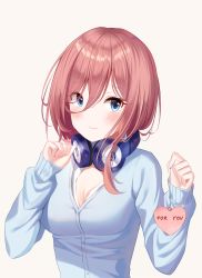 Rule 34 | 1girl, 3:, absurdres, blue cardigan, blue eyes, blush, breasts, cardigan, cleavage, closed mouth, commentary request, english text, frown, go-toubun no hanayome, hair between eyes, headphones, headphones around neck, heart, highres, holding, long hair, long sleeves, looking at viewer, medium breasts, nakano miku, niji (rudduf232), red hair, school uniform, sleeves past wrists, solo, upper body