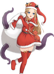 Rule 34 | 1girl, abigail williams (fate), absurdres, antlers, bao (s 888), black bow, blonde hair, blue eyes, blush, bow, christmas, commentary request, dress, fate/grand order, fate (series), forehead, hair bow, hat, highres, holding, holding sack, horns, long hair, long sleeves, looking at viewer, orange bow, parted bangs, polka dot, polka dot bow, red dress, red hat, red thighhighs, reindeer antlers, sack, santa costume, santa dress, santa hat, simple background, sleeves past fingers, sleeves past wrists, solo, stuffed animal, stuffed toy, teddy bear, tentacles, thighhighs, very long hair, white background