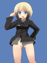 Rule 34 | 1girl, bad id, bad pixiv id, blonde hair, blue eyes, bottomless, censored, comord, convenient censoring, erica hartmann, fang, female focus, gradient hair, hand on own hip, hip focus, multicolored hair, no panties, open mouth, simple background, solo, strike witches, world witches series