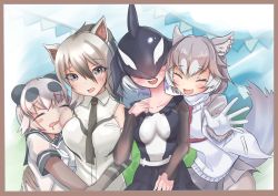Rule 34 | 4girls, aardwolf (kemono friends), animal ear fluff, animal ears, arm around waist, bear ears, bear girl, black hair, blowhole, border, breast pocket, breasts, buchibussei, cheek press, closed eyes, collarbone, collared shirt, covered eyes, day, dog (mixed breed) (kemono friends), dog ears, dog girl, dog tail, dorsal fin, dress, drooling, elbow gloves, facing viewer, fang, fins, giant panda (kemono friends), gloves, grey eyes, grey hair, hair between eyes, hair over eyes, hand on another&#039;s waist, harness, head fins, head on chest, highres, jacket, kemono friends, large breasts, layered sleeves, leaning to the side, long hair, long sleeves, looking at viewer, medium breasts, medium hair, mouth drool, multicolored hair, multiple girls, necktie, open mouth, orca (kemono friends), outdoors, panda ears, photo (object), pocket, sailor collar, shirt, short hair, short over long sleeves, short sleeves, skirt, sleeping, sleeveless, sleeveless shirt, smile, sweater vest, tail, two-tone hair, upper body, white hair, wing collar