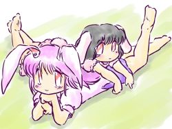 Rule 34 | 2girls, animal ears, arm support, barefoot, black hair, female focus, inaba tewi, leg up, long hair, lying, mikashimo, multiple girls, on person, on stomach, pink hair, puffy sleeves, rabbit ears, rabbit girl, rabbit tail, red eyes, reisen udongein inaba, shirt, short sleeves, skirt, smile, tail, touhou