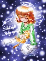 Rule 34 | 1girl, angel wings, cat, closed eyes, commentary request, dated, denim, english text, feathers, green sweater, halo, jeans, light smile, orange eyes, orange hair, original, pants, signature, snow, socks, solo, sweater, v-neck, wings, zan nekotama