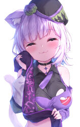 Rule 34 | 1girl, :3, absurdres, animal ear fluff, animal ears, bare shoulders, black hat, black shirt, breasts, cat ears, cat girl, cat tail, closed eyes, closed mouth, collared shirt, commentary request, facing viewer, flower, green flower, green rose, hat, highres, holding, hololive, large breasts, long sleeves, masaki (msk064), nekomata okayu, nekomata okayu (poisonya syndrome), puffy long sleeves, puffy sleeves, purple flower, purple rose, rose, shirt, simple background, sleeveless, sleeveless shirt, solo, tail, tilted headwear, upper body, virtual youtuber, white background