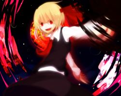 Rule 34 | 1girl, bad id, bad nicoseiga id, blonde hair, fang, female focus, hair ribbon, long sleeves, ogami ren, onoue ren, open mouth, outstretched arms, red eyes, ribbon, rumia, short hair, slit pupils, solo, touhou