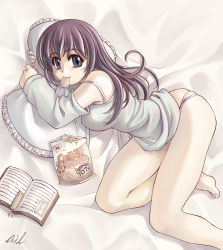 Rule 34 | 1girl, barefoot, bed, blue eyes, blush, book, bookmark, bra, breasts, camisole, chips (food), covered erect nipples, detached sleeves, feet, female focus, food, frilled pillow, frills, from above, highres, legs, lingerie, long hair, lying, medium breasts, mil (xration), mouth hold, no pants, hugging object, on side, panties, pillow, pillow hug, potato chips, purple hair, signature, solo, thong, underwear, white panties