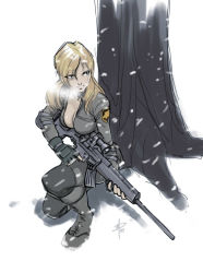 Rule 34 | 1girl, bad deviantart id, bad id, blonde hair, blue eyes, boots, breasts, cleavage, elbow pads, female soldier, fingerless gloves, gloves, gun, h&amp;k psg1, jacket, knee pads, kneeling, long hair, metal gear (series), metal gear solid, military, on one knee, open clothes, open jacket, polarityplus, rifle, scope, shadow, sniper rifle, sniper wolf, snow, soldier, solo, tree, trigger discipline, weapon