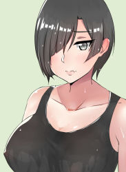 Rule 34 | 1girl, absurdres, bare shoulders, black eyes, black hair, blush, breasts, closed mouth, collarbone, covered erect nipples, fang, fang out, hair over one eye, hataraku saibou, highres, large breasts, lips, looking at viewer, nk cell (hataraku saibou), shirt, short hair, simple background, solo, tank top, upper body, wet, wet clothes, wet hair, wet shirt, white background, ying jing meng