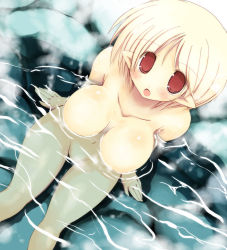 Rule 34 | 1girl, blonde hair, blush, breasts, floating breasts, from above, large breasts, navel, no nipples, no pussy, nude, onsen, original, pointy ears, red eyes, sakaki (noi-gren), short hair, sitting, solo, steam, water