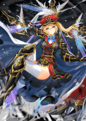 Rule 34 | 1girl, aiguillette, armor, bad id, bad pixiv id, black dress, blonde hair, blue bow, blue bowtie, blue eyes, bow, bowtie, breasts, buttons, cape, chrisha (king&#039;s raid), collared shirt, double-breasted, dress, elbow gloves, floating, floating hair, frills, gauntlets, gloves, hand on headwear, hand up, hat, highres, king&#039;s raid, light particles, lloule, long hair, looking at viewer, medium breasts, military, military hat, military uniform, negative space, parted lips, pauldrons, peaked cap, rapier, sheath, sheathed, shirt, shoulder armor, single gauntlet, smile, solo, sword, thighhighs, undershirt, uniform, weapon, white gloves, white shirt, white thighhighs, wind, wind lift, wing collar, zettai ryouiki