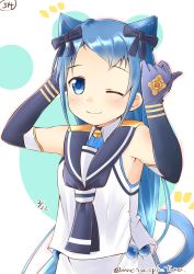 Rule 34 | 10s, 1girl, ;3, animal ears, armpit peek, arms up, bare shoulders, bell, black bow, black gloves, black neckerchief, blue eyes, blue hair, blush, bow, breasts, cat day, cat ears, cat tail, collar, dated, elbow gloves, gloves, hair bow, highres, kantai collection, long hair, looking at viewer, mae (maesanpicture), neck bell, neckerchief, numbered, one eye closed, paw print, paw print background, samidare (kancolle), school uniform, serafuku, shirt, skirt, sleeveless, sleeveless shirt, small breasts, solo, swept bangs, tail, twitter username, very long hair, white skirt
