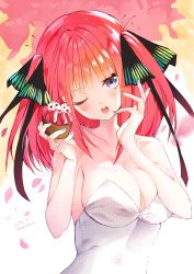 Rule 34 | 1girl, absurdres, bare shoulders, black ribbon, blue eyes, blunt bangs, blush, breast press, breasts, breasts squeezed together, bride, butterfly hair ornament, cleavage, collarbone, cream, cream on face, cupcake, dress, food, food on face, frills, go-toubun no hanayome, hair ornament, highres, hoerutarou, holding, holding food, lace, lace-trimmed dress, lace sleeves, lace trim, large breasts, looking at viewer, multicolored nails, nail polish, nakano nino, one eye closed, open mouth, petals, pink hair, ribbon, twintails, wedding dress