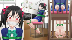 Rule 34 | 1girl, absurdres, arms behind back, barefoot, bdsm, black hair, blush, bondage, bound, bound ankles, bound arms, bound legs, bound toes, bound torso, bound wrists, bow, bowtie, breasts, classroom, cloth gag, crying, gag, gagged, highres, improvised gag, legs, love live!, medium breasts, nail polish, nitropunk arts, over the mouth gag, pink eyes, school uniform, skirt, thighs, tied to chair, toenail polish, toenails, twintails, yazawa nico