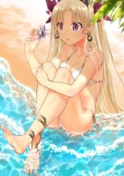 Rule 34 | 1girl, ankle strap, bare shoulders, barefoot, beach, bikini, blonde hair, breasts, collarbone, commentary request, day, earrings, ereshkigal (fate), fate/grand order, fate (series), hair ribbon, halterneck, highres, holding, holding shell, jewelry, long hair, matatabi kikuno, ocean, partially submerged, red eyes, red ribbon, ribbon, seashell, shell, sitting, small breasts, solo, string bikini, swimsuit, very long hair, white bikini