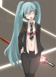 Rule 34 | 1girl, bespectacled, blue eyes, blue hair, bra, formal, glasses, hand on own hip, hatsune miku, headphones, katana, lingerie, long hair, matching hair/eyes, necktie, pant suit, pants, solo, suit, sword, tansuke, twintails, underwear, vocaloid, weapon
