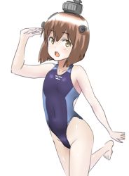 Rule 34 | 1girl, 30-06, bad id, bad pixiv id, barefoot, black one-piece swimsuit, brown eyes, brown hair, competition swimsuit, cowboy shot, headgear, headset, highleg, highleg swimsuit, highres, kantai collection, looking at viewer, one-piece swimsuit, open mouth, salute, short hair, solo, speaking tube headset, swimsuit, teeth, upper teeth only, yukikaze (kancolle)