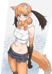 Rule 34 | 1girl, animal ears, bare shoulders, blush, bow, bowtie, brown gloves, brown hair, brown pantyhose, commentary, cowboy shot, cutoffs, denim, denim shorts, elbow gloves, extra ears, fur collar, gloves, gradient gloves, gradient legwear, hair between eyes, highres, kemono friends, looking at viewer, maned wolf (kemono friends), midriff, multicolored hair, navel, orange bow, orange bowtie, orange fur, orange gloves, orange hair, orange pantyhose, pantyhose, shirt, short shorts, shorts, sidelocks, sleeveless, solo, tail, tanabe (fueisei), twintails, two-tone gloves, two-tone pantyhose, white hair, white shirt, wolf ears, wolf girl, wolf tail