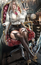 Rule 34 | 1girl, between breasts, black skirt, black thighhighs, breasts, candelabra, candlestand, chair, collared shirt, desk, dress shirt, earrings, flower, garter straps, globe, gloves, hair over one eye, hairband, honkai (series), honkai impact 3rd, jewelry, large breasts, legs together, lingerie, lips, mole, mole under eye, office, office lady, one eye covered, panties, panty peek, pencil skirt, pink lips, red eyes, rita rossweisse, rose, scythe, see-through, see-through legwear, shirt, skirt, solo, supullim, thick thighs, thighhighs, thighs, underwear, weapon, white hair
