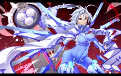 Rule 34 | arc system works, armor, blazblue, blood, bodysuit, braid, crazy eyes, crotch plate, grin, looking at viewer, nu-13, red eyes, sayo wini, silver hair, smile, solo