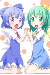 Rule 34 | 2girls, ascot, blue dress, blue eyes, blue hair, bow, cirno, daiyousei, dress, fairy wings, fang, green eyes, green hair, hair bow, hair ribbon, holding hands, highres, holding, ice, ice wings, interlocked fingers, kneeling, makuran, multiple girls, open mouth, puffy short sleeves, puffy sleeves, ribbon, shirt, short sleeves, side ponytail, smile, touhou, wings