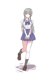 Rule 34 | 1girl, assault lily, black socks, blue skirt, blunt bangs, bow, bowtie, breast pocket, brown footwear, buttons, cellphone, cellphone charm, charm (object), collared shirt, commentary, dress shirt, fang, fujita asagao, full body, grey hair, high-waist skirt, highres, holding, holding phone, houji tea latte, leg up, light blush, light smile, loafers, long hair, looking at viewer, loose bowtie, low twintails, miniskirt, orange eyes, phone, plaid, plaid bow, plaid bowtie, plaid skirt, pleated skirt, pocket, school uniform, shirt, shirt tucked in, shoes, short sleeves, simple background, skin fang, skirt, smartphone, socks, solo, standing, standing on one leg, symbol-only commentary, twintails, v arms, white background, white shirt