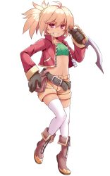 Rule 34 | 1girl, amane hasuhito, bad id, bad pixiv id, belt, black gloves, blonde hair, blush, boots, clenched teeth, full body, gloves, grin, knife, looking at viewer, midriff, navel, original, ponytail, red eyes, short hair, smile, solo, teeth, thighhighs, tower of infinity, transparent background, white background, white thighhighs