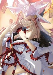 Rule 34 | 1girl, absurdres, animal ear fluff, animal ears, blonde hair, blood, blood on hands, breasts, cleavage, crown, extra ears, fate/grand order, fate (series), fox ears, fox girl, fox tail, fur-trimmed kimono, fur trim, hair over face, hair ribbon, highres, japanese clothes, kimono, kitsune, koyanskaya (fate), koyanskaya (lostbelt beast:iv) (fate), large breasts, long hair, looking at viewer, multiple tails, one heart1201, ribbon, rope, shimenawa, solo, tail, talisman, tamamo (fate), very long hair, white kimono