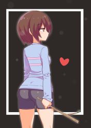 Rule 34 | 1girl, ass, bike shorts, black background, blouse, blush, branch, breasts, brown eyes, brown hair, cougar (cougar1404), expressionless, female frisk (undertale), frisk (undertale), from behind, heart, medium breasts, shirt, short hair, sideboob, solo, standing, striped clothes, striped shirt, striped sweater, sweater, undertale