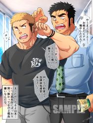 Rule 34 | 2boys, anger vein, annoyed, bara, black hair, blonde hair, bracelet, brown hair, earrings, highres, jewelry, long sideburns, male focus, multiple boys, necktie, no pupils, original, pants, salaryman, shirt, sideburns, tepen (tptptpn), thick eyebrows, thighs, toned, toned male, translation request, upper body