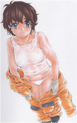 Rule 34 | 1girl, absurdres, black footwear, blue eyes, brown hair, commentary request, commission, cowboy shot, dark-skinned female, dark skin, girls und panzer, gloves, grey background, highres, jumpsuit, jumpsuit pull, long sleeves, looking at viewer, mechanic, open mouth, orange jumpsuit, panties, partial commentary, pixiv commission, see-through, shirt, shoes, short hair, simple background, smile, solo, standing, suzuki (girls und panzer), tank top, traditional media, underwear, undressing, uniform, wet, wet clothes, wet shirt, white gloves, white panties, white shirt