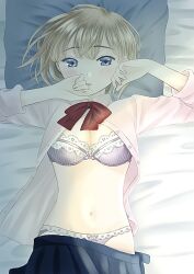 Rule 34 | 1girl, arms up, bed sheet, blonde hair, blue eyes, blush, bow, bow bra, bow panties, bra, breasts, cleavage, clothes pull, commentary, from above, grey bra, grey panties, hand to own mouth, highres, hugging object, long sleeves, looking at viewer, lying, medium breasts, on back, on bed, open clothes, open skirt, original, osumi izumi, panties, parted lips, partially unbuttoned, pillow, pillow hug, school uniform, shirt, short hair, skirt, skirt pull, solo, striped bra, striped clothes, underwear, vertical-striped bra, vertical-striped clothes, white shirt
