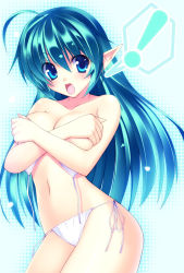 Rule 34 | !, 1girl, bare shoulders, bikini, blue eyes, blue hair, breast hold, breasts, character request, covering privates, covering breasts, elf, matching hair/eyes, pointy ears, side-tie bikini bottom, solo, source request, swimsuit, takeda aranobu, wardrobe malfunction