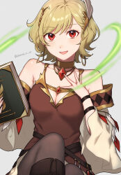Rule 34 | 1girl, :d, bare shoulders, belt, black belt, black pantyhose, blonde hair, book, brown dress, citrinne (fire emblem), commentary request, dress, earrings, fire emblem, fire emblem engage, grey background, hair ornament, hand on own chest, highres, holding, holding book, jewelry, looking at viewer, neck ring, nintendo, open mouth, pantyhose, partial commentary, peach11 01, red eyes, short hair, simple background, smile