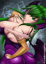 Rule 34 | 1girl, ass, breasts, capcom, cleavage, green hair, highres, large breasts, looking at viewer, looking back, morrigan aensland, ojosnocturnos, smile, solo, vampire (game)