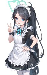 Rule 34 | 1girl, absurdly long hair, absurdres, alternate costume, apron, aqua halo, aris (blue archive), aris (maid) (blue archive), black hair, black wristband, blue archive, blue eyes, blue halo, blue ribbon, enmaided, fanteam, frilled apron, frills, green halo, halo, hand on own hip, highres, long hair, maid, maid apron, maid headdress, official alternate costume, ponytail, puffy short sleeves, puffy sleeves, rectangular halo, ribbon, short sleeves, v, very long hair, white apron, white background