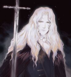 Rule 34 | 1boy, alucard (castlevania), ascot, black cape, black coat, blonde hair, cape, castlevania: nocturne, castlevania (series), closed mouth, coat, dhampir, half-human, highres, itssoikamadudes, looking at viewer, male focus, shirt, solo, sword, undead, vampire, weapon, white shirt, yellow eyes