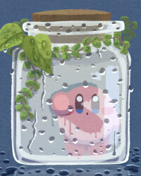 Rule 34 | blue eyes, blush stickers, condensation, highres, in container, in jar, jar, kirby, kirby (series), leaf, miclot, nintendo, no humans, open mouth, plant, rain, vines, water drop, wiping