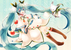 Rule 34 | 1girl, bad id, bad pixiv id, boots, rabbit, flower, green eyes, green hair, hatsune miku, headset, knee boots, lily of the valley, long hair, matching hair/eyes, md5 mismatch, open mouth, snowdrop (flower), snowflake print, solo, t miyanagi, twintails, very long hair, vocaloid, yuki miku, yukine (vocaloid)