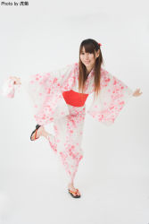 Rule 34 | 1girl, balancing, dress, highres, japanese clothes, kimono, obi, photo (medium), print dress, print kimono, sandals, sash, solo, tagme, yukata, yukina