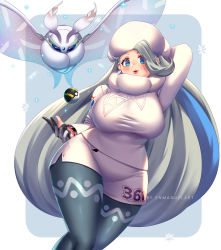 Rule 34 | 1girl, arm behind head, artist name, blue eyes, blush, breasts, commentary, creatures (company), curvy, earrings, english commentary, enma (enmanuelart), frosmoth, fur hat, game freak, gen 8 pokemon, gloves, gym leader, hat, highres, jewelry, large breasts, long hair, looking at viewer, mature female, melony (pokemon), multicolored hair, nintendo, pantyhose, pantyhose under shorts, partially fingerless gloves, poke ball, pokemon, pokemon (creature), pokemon swsh, scarf, shorts, smile, solo, streaked hair, sweater, teeth, ultra ball, upper teeth only, white hat, white scarf, white sweater, wide hips