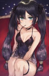 Rule 34 | 1girl, absurdres, bare shoulders, black dress, black hair, blush, breasts, choker, collarbone, dress, earrings, food, genshin impact, green eyes, highres, jewelry, kanniiepan, long hair, low-tied long hair, medium breasts, mona (genshin impact), mouth hold, pocky, sitting, sparkle, thigh strap, thighs, twintails