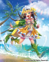 Rule 34 | 1girl, beach, boots, breasts, brown hair, cardfight!! vanguard, cleavage, coconut tree, company name, day, flower, green eyes, hair flower, hair ornament, leaf, long hair, low twintails, maiden of glowshine, matsurika youko, nail polish, official art, open mouth, palm tree, solo, sparkle, teeth, tree, twintails, water