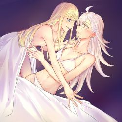 Rule 34 | 2girls, ahoge, bare arms, bare shoulders, blanket, blonde hair, bra, collarbone, commentary, eye contact, fate (series), gradient background, grey hair, highres, long hair, looking at another, lord el-melloi ii case files, multiple girls, navel, nude, olga marie animusphere, panties, reines el-melloi archisorte, stomach, symbol-only commentary, tanxi mei piqi, underwear, white bra, white panties, yuri