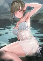 Rule 34 | 1girl, arm up, armpits, blunt bangs, blush, bra, breasts, brown hair, cleavage, dress, earrings, feet out of frame, highres, jewelry, kanzarin, large breasts, noripro, open mouth, outdoors, partially submerged, red eyes, rock, see-through, short hair, solo, sundress, thighs, tsukudani norio (vtuber), underwear, virtual youtuber, water, wet, wet clothes, wet dress, white bra, white dress